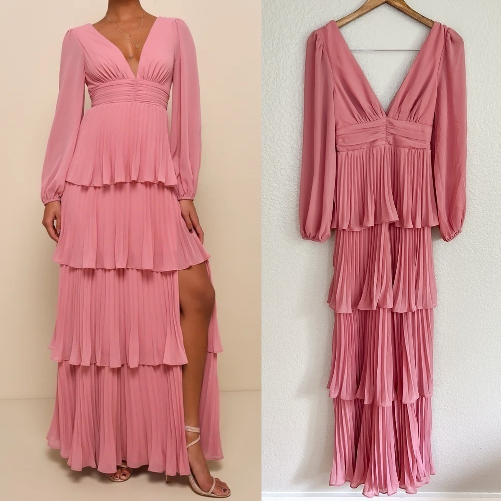 Graceful Finesse Dusty Rose Pleated Long Sleeve Maxi Dress